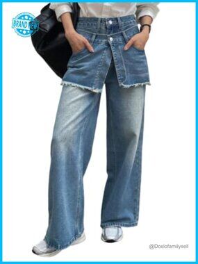 Women's Asymmetric Wide Leg Jeans Patchwork Distressed Denim Pants High Rise